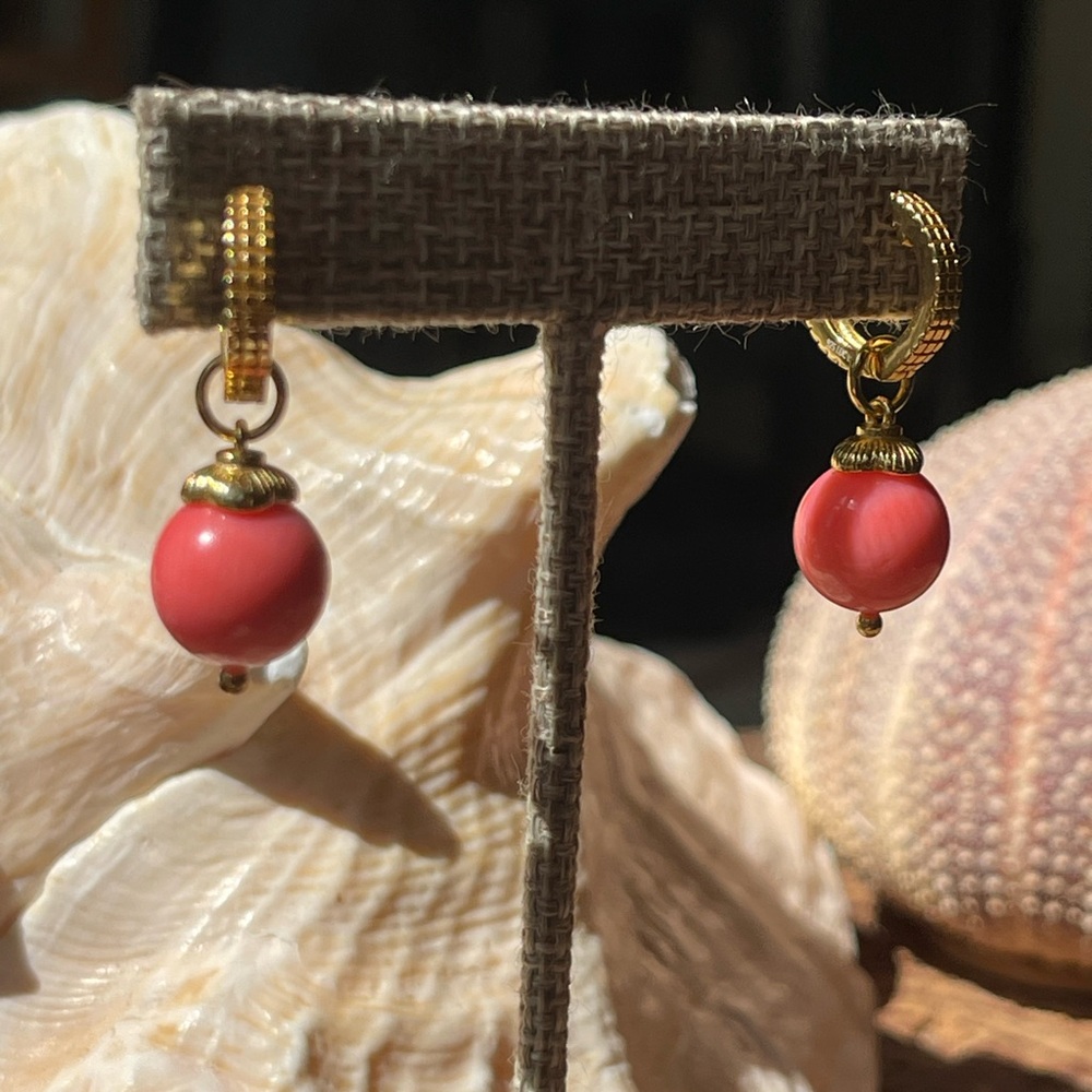 Gold, plated sterling silver coral drop earrings - Picture 2 of 5